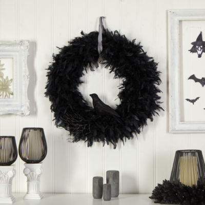 Nearly Natural 30" Halloween Raven Feather Wreath