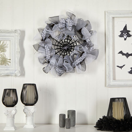 Nearly Natural 26 Halloween Spider Web Mesh Wreath, One Size, Black