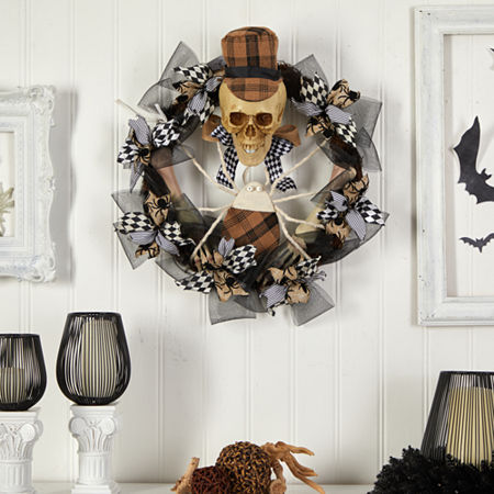 Nearly Natural 24 Halloween Skull In Mesh Wreath, One Size, Black