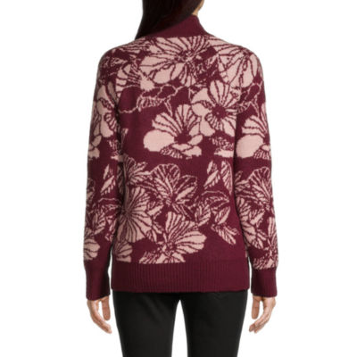 Liz Claiborne Womens Mock Neck Long Sleeve Floral Pullover Sweater