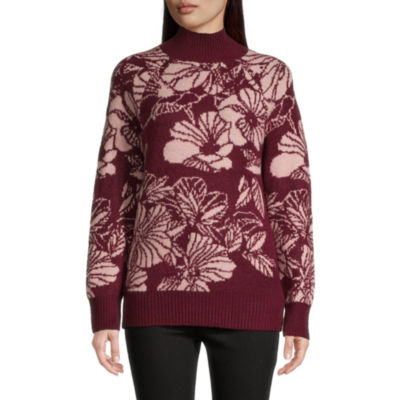 Liz Claiborne Womens Mock Neck Long Sleeve Floral Pullover Sweater