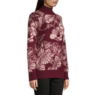 Liz Claiborne Womens Mock Neck Long Sleeve Floral Pullover Sweater