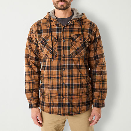 Smiths Workwear Sherpa Lined Flannel Mens Hooded Midweight Shirt Jacket, X-large, Brown