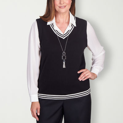 Alfred Dunner Downtown Vibe Womens Long Sleeve Layered Sweaters, Color:  Ebony White - JCPenney