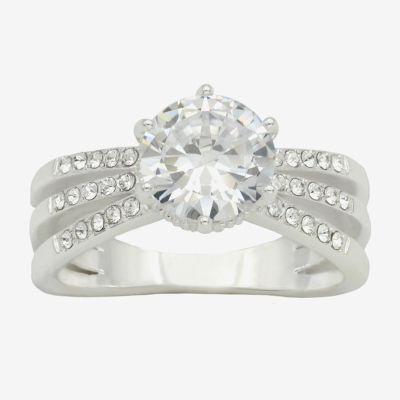 Sparkle Allure Triple Split Shank Crystal Pure Silver Over Brass Round Crossover Engagement Ring