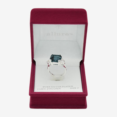 Sparkle Allure Womens Blue Crystal Pure Silver Over Brass Cushion 3-Stone Cocktail Ring