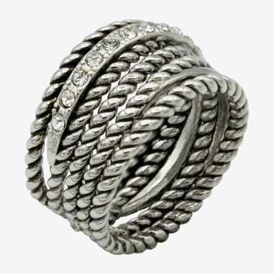 Sparkle Allure Antique Rope Faux Stacked Womens 10MM Crystal Pure Silver Over Brass Band