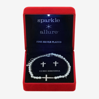 Sparkle Allure Light Up Box 2-pc. Cubic Zirconia Simulated Pearl Pure Silver Over Brass Cross Jewelry Set