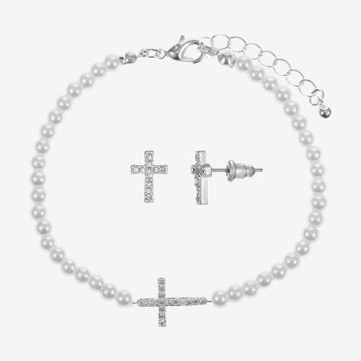 Sparkle Allure Light Up Box 2-pc. Cubic Zirconia Simulated Pearl Pure Silver Over Brass Cross Jewelry Set