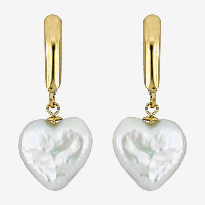 White Cultured Freshwater Pearl 14K Gold Heart Drop Earrings