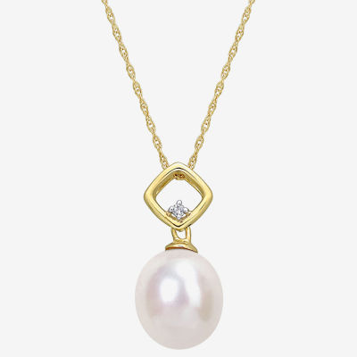 Womens Diamond Accent White Cultured Freshwater Pearl 10K Gold 17 Inch Pendant Necklace