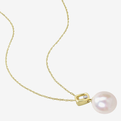 Womens Diamond Accent White Cultured Freshwater Pearl 10K Gold 17 Inch Pendant Necklace