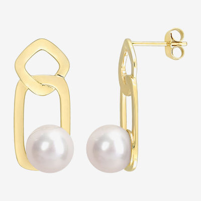 White Cultured Freshwater Pearl 10K Gold Drop Earrings