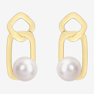 White Cultured Freshwater Pearl 10K Gold Drop Earrings