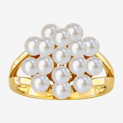 Womens 3.5MM White Cultured Freshwater Pearl 14K Gold Cluster Cocktail Ring