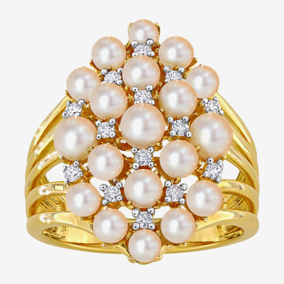 Womens 1/5 CT. T.W. 3.5MM White Cultured Freshwater Pearl 18K Gold Over Silver Cluster Cocktail Ring