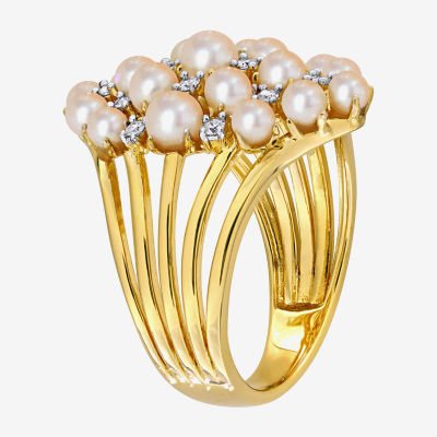 Womens 1/5 CT. T.W. 3.5MM White Cultured Freshwater Pearl 18K Gold Over Silver Cluster Cocktail Ring