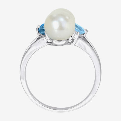 Womens Diamond Accent 5-7MM White Cultured Freshwater Pearl 14K Gold Cluster Cocktail Ring