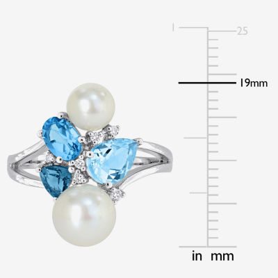 Womens Diamond Accent 5-7MM White Cultured Freshwater Pearl 14K White Gold Cluster Cocktail Ring
