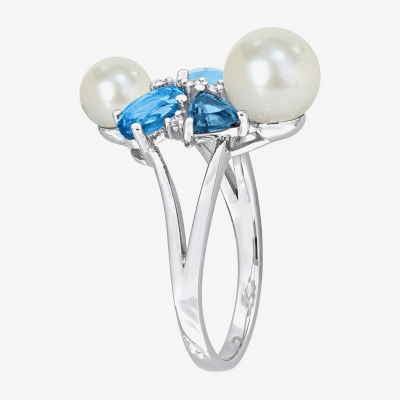 Womens Diamond Accent 5-7MM White Cultured Freshwater Pearl 14K Gold Cluster Cocktail Ring