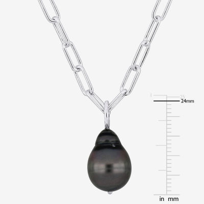 Womens Black Cultured Tahitian Pearl Sterling Silver Pendant Necklace