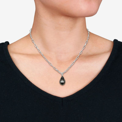 Womens Black Cultured Tahitian Pearl Sterling Silver Pendant Necklace