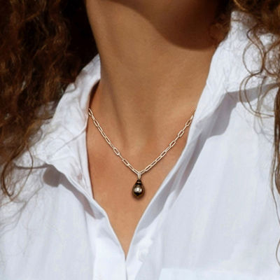 Womens Black Cultured Tahitian Pearl Sterling Silver Pendant Necklaces