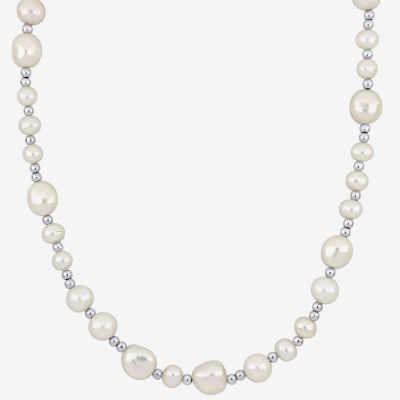 Womens White Cultured Freshwater Pearl Sterling Silver Strand Necklace