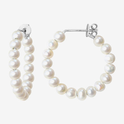 White Cultured Freshwater Pearl Sterling Silver 26mm Hoop Earrings