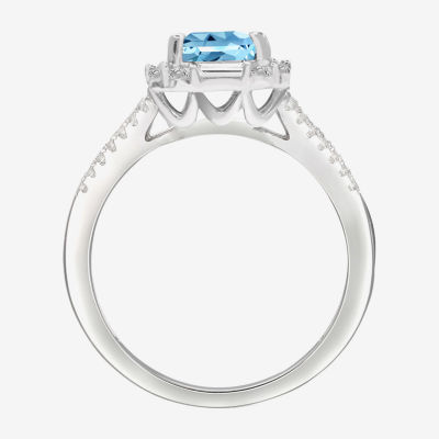 Womens Genuine Blue Topaz Sterling Silver Halo Side Stone Cocktail Ring