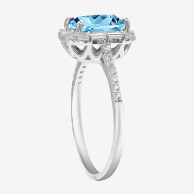 Womens Genuine Blue Topaz Sterling Silver Halo Side Stone Cocktail Ring