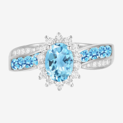 Womens Genuine Blue Topaz Sterling Silver Halo Crossover Cocktail Ring