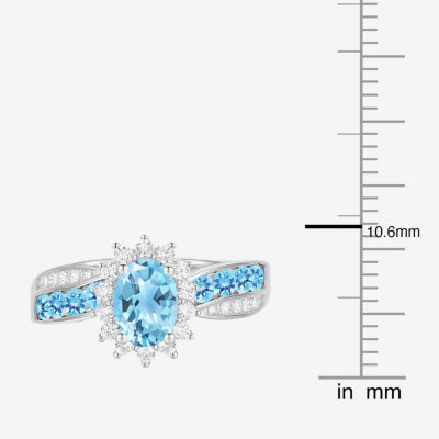 Womens Genuine Blue Topaz Sterling Silver Halo Crossover Cocktail Ring