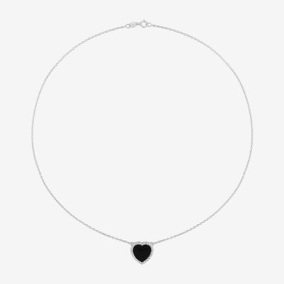 Womens Genuine Black Agate Sterling Silver Heart Pendant Necklace