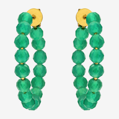 Genuine Green Onyx 18K Gold Over Silver 4.4mm Hoop Earrings