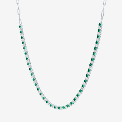 Womens Green Emerald Sterling Silver 18 Inch Tennis Necklace