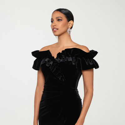 DJ Jaz Womens Off The Shoulder Short Sleeve Velvet Evening Gown