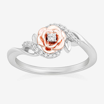 Enchanted Disney Rose Floral Design Black Round 1/10 CT Diamond 925 Silver Ring 