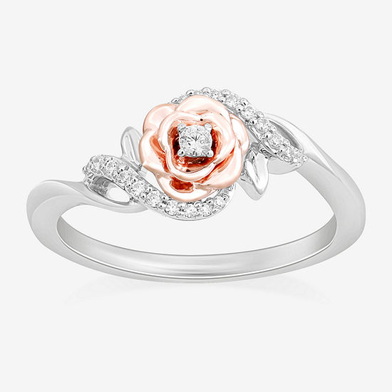 Enchanted Disney Fine Jewelry Womens 1/10 CT. T.W. Genuine White Diamond 14K Rose Gold Over Silver Sterling Silver Flower Beauty and the Beast Princess Belle Cocktail Ring