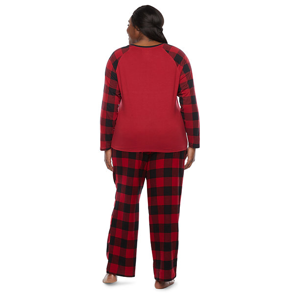 North Pole Trading Co. Buffalo Plaid Womens Plus Crew Neck Long Sleeve 2-pc. Pant Pajama Set