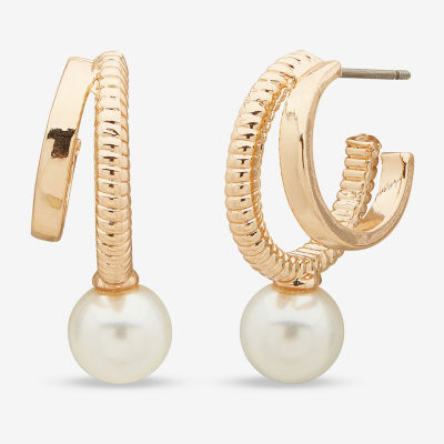Worthington Gold Tone Huggie Womens Simulated Pearl 26.2mm Hoop Earrings