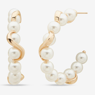 Worthington Gold Tone Open Womens Simulated Pearl 38mm Hoop Earrings