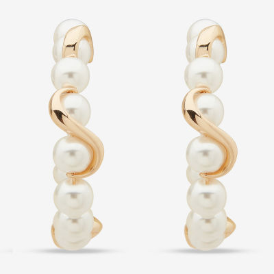 Worthington Gold Tone Open Simulated Pearl Hoop Earrings