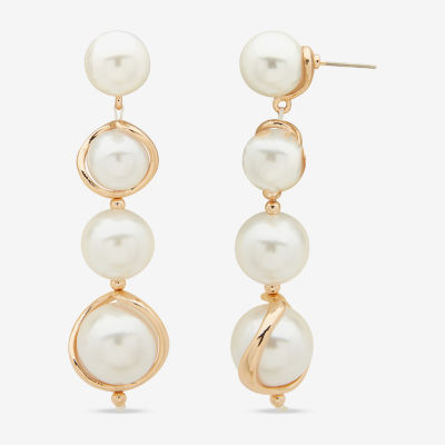 Worthington Gold Tone Link Womens Simulated Pearl Drop Earrings