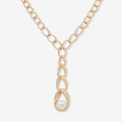 Worthington Gold Tone Linear Simulated Pearl 17 Inch Curb Y Necklace