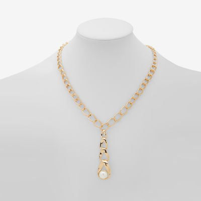 Worthington Gold Tone Linear Simulated Pearl 17 Inch Curb Y Necklace