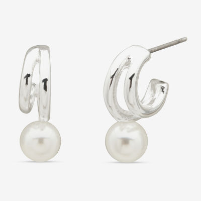 Worthington Silver Tone Womens Simulated Pearl 20.3mm Hoop Earrings