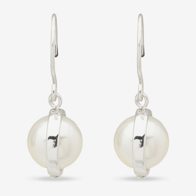 Worthington Silver Tone Womens Simulated Pearl Drop Earrings