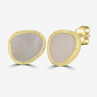 Silver Treasures Genuine Stone Mother Of Pearl 14K Gold Over Silver 14mm Oval Stud Earrings