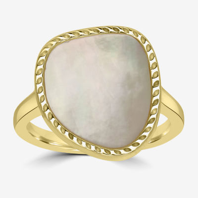 Silver Treasures Genuine Stone Womens White Mother Of Pearl 14K Gold Over Silver Cocktail Ring
